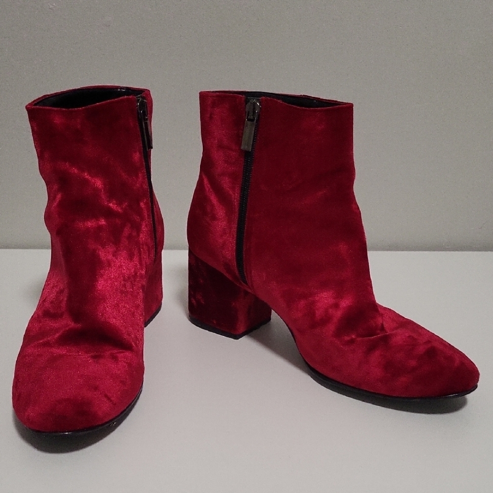 Red Velvet Ankle Booties with Chunky Heel